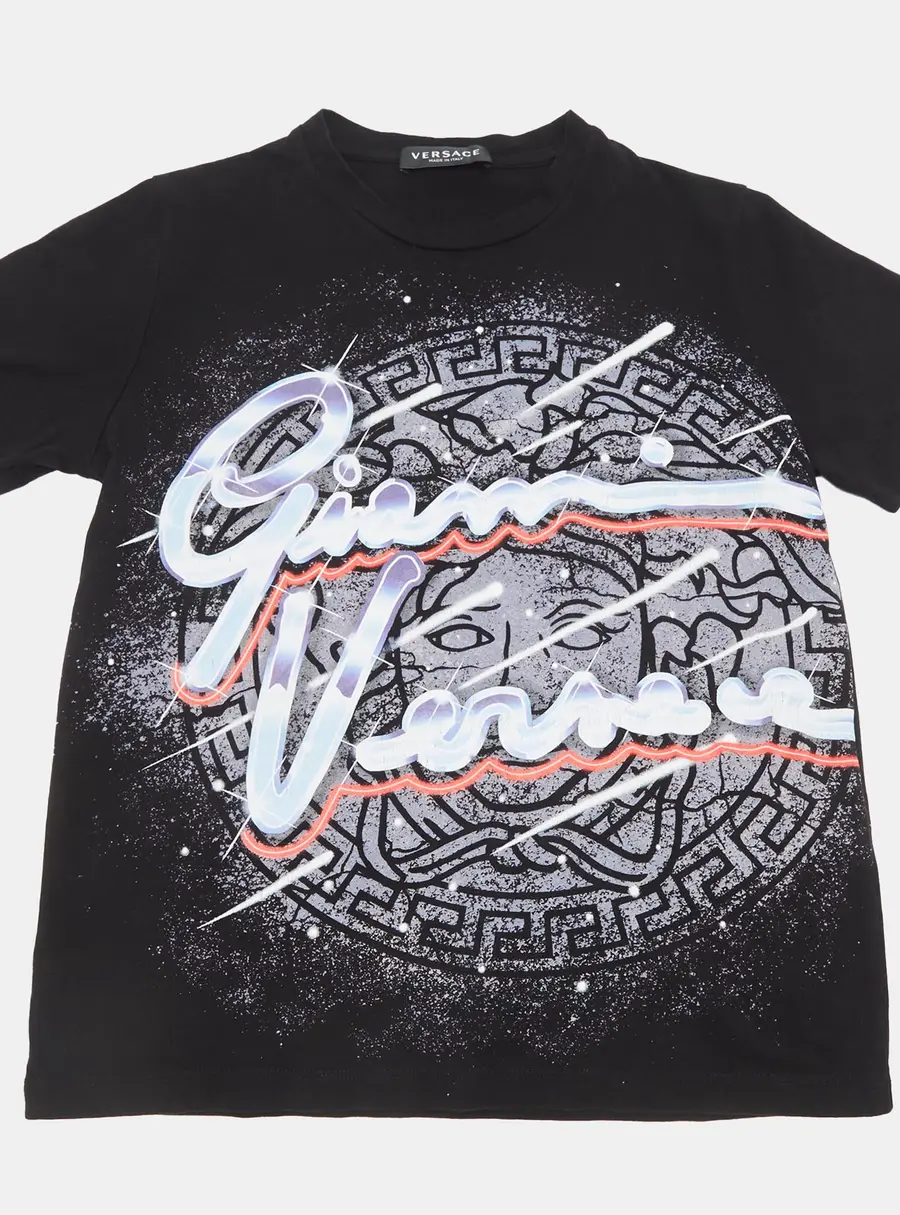 Versace Kids Black Signature Print Cotton T-Shirt 10Yrs