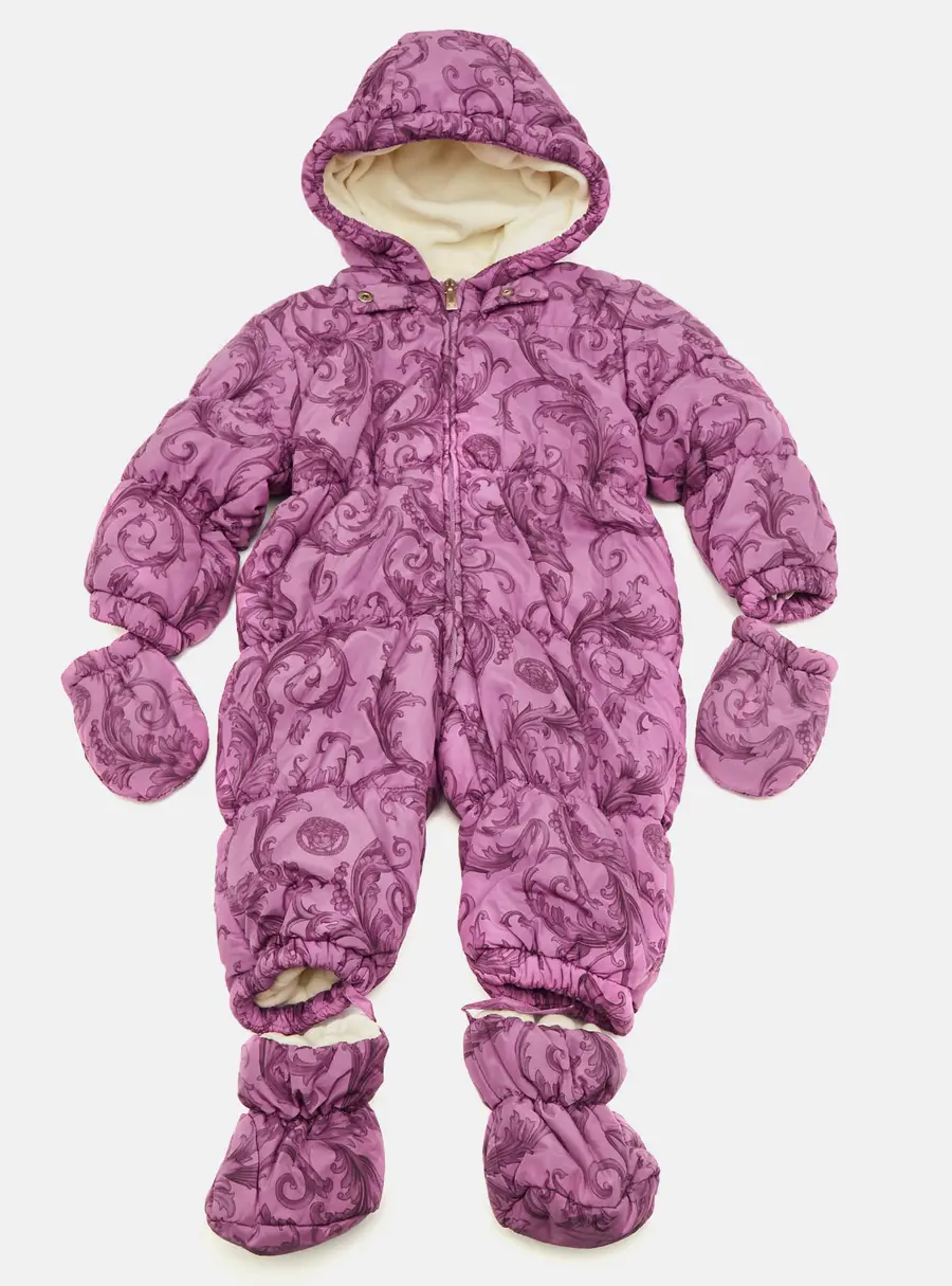 Young Versace Purple Borocco Print Puffer Jumpsuit Set 12M