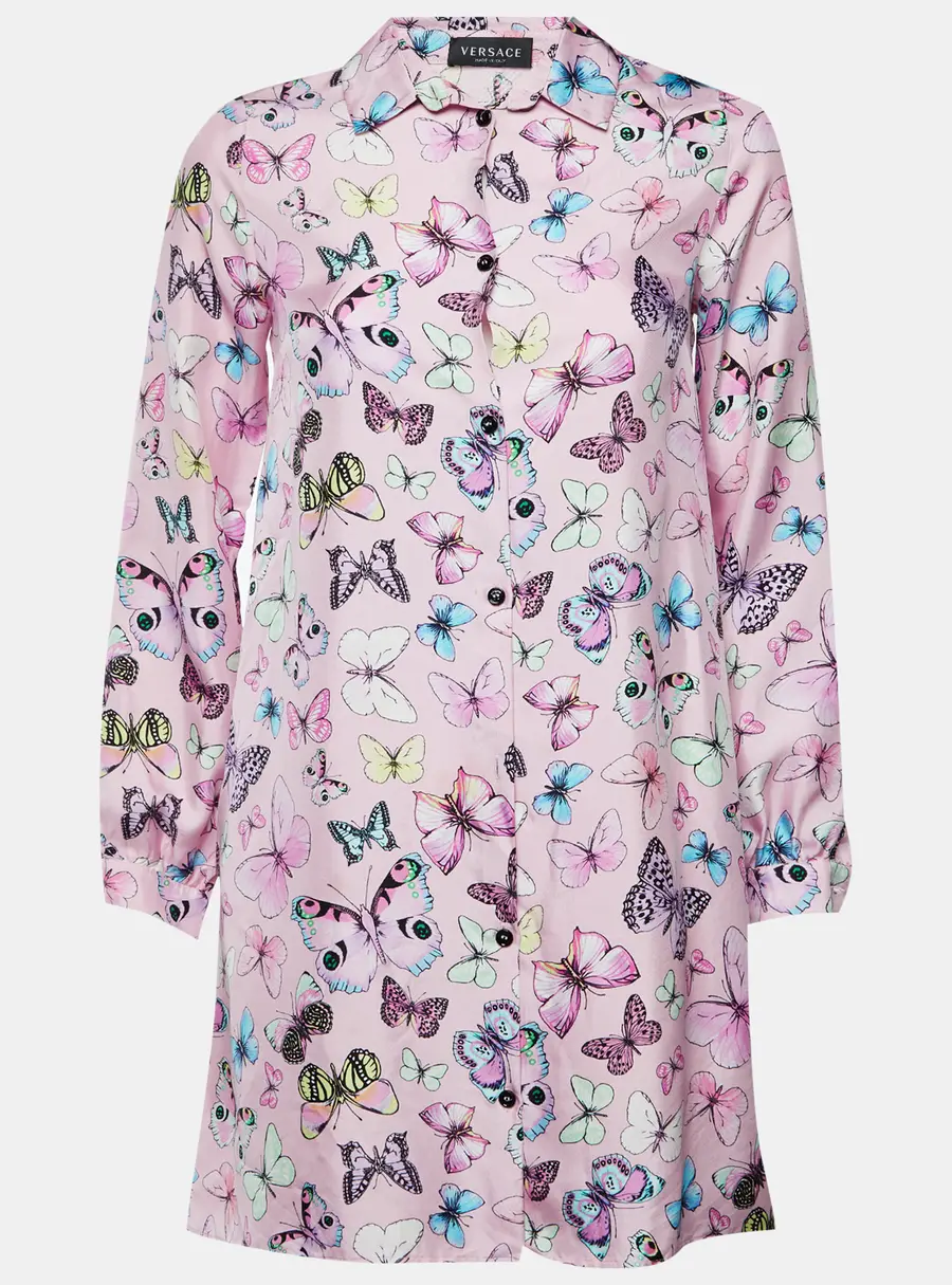 Versace Kids Pink Butterfly Print Silk Shirt Dress Size 14 Yrs