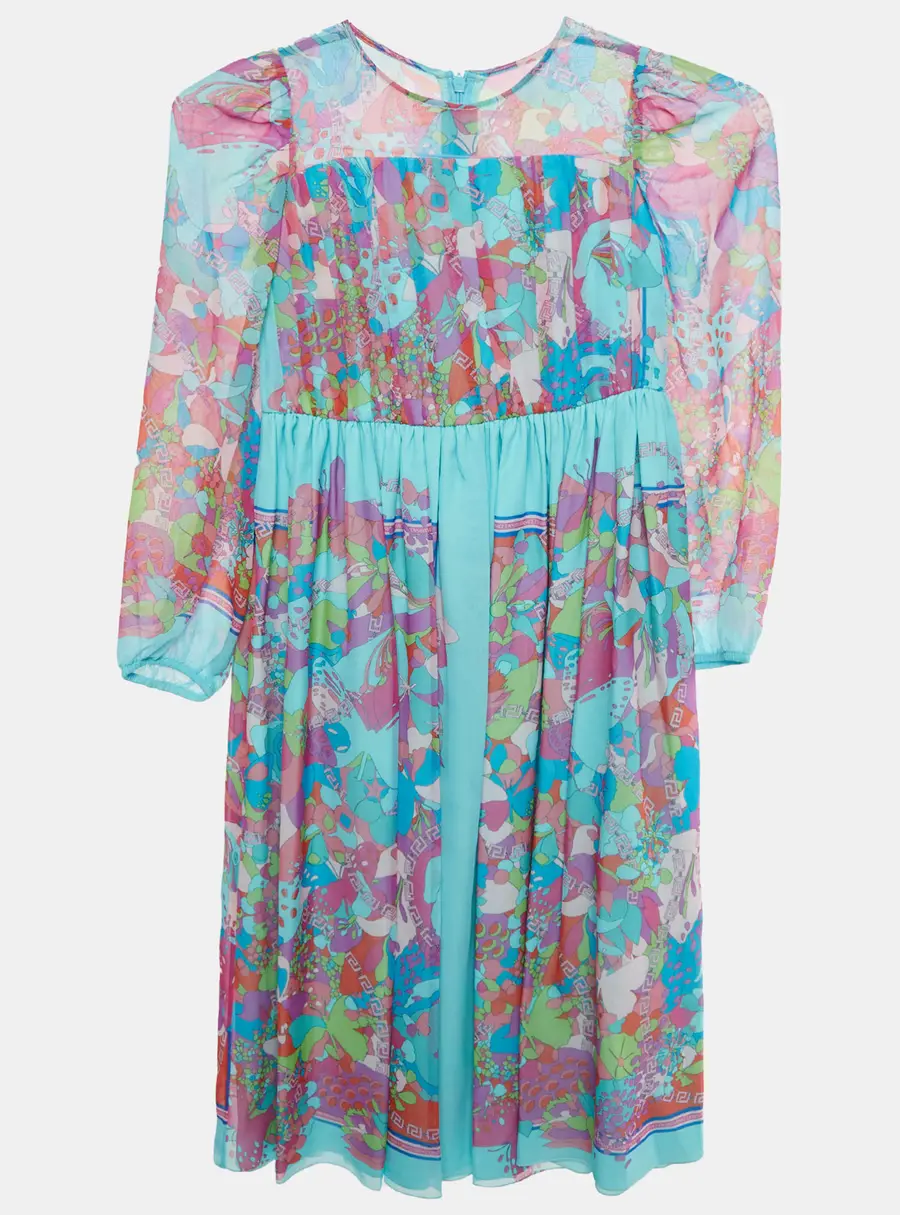 Versace Kids Blue Floral Print Silk Chiffon Pleated Dress 6 Yrs