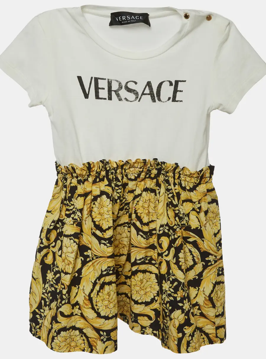 Versace Kids White/Black Barocco Print Jersey and Poplin Dress 24 M