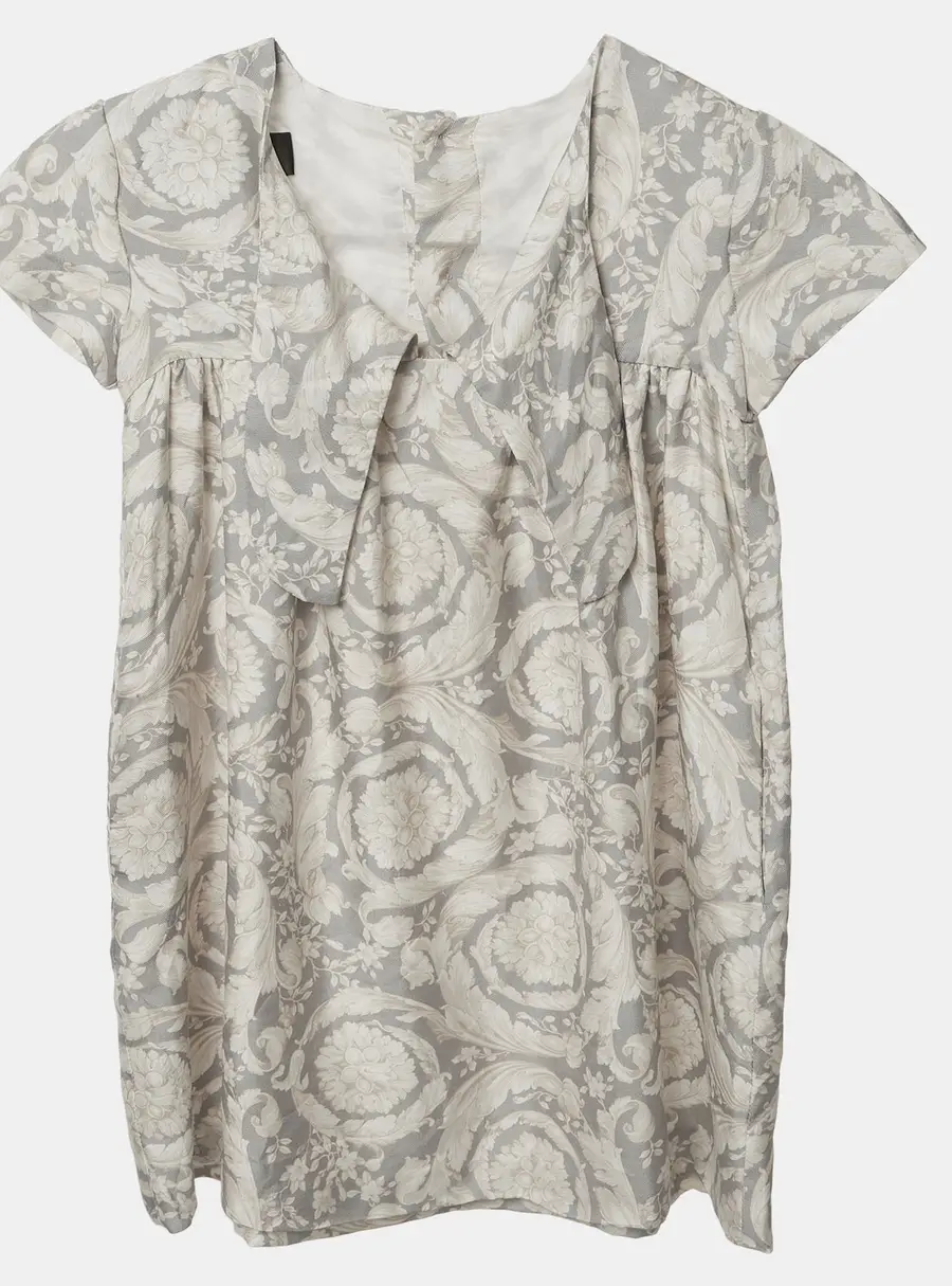 Versace Kids Grey Barocco Print Silk Button Up Dress 5 Yrs