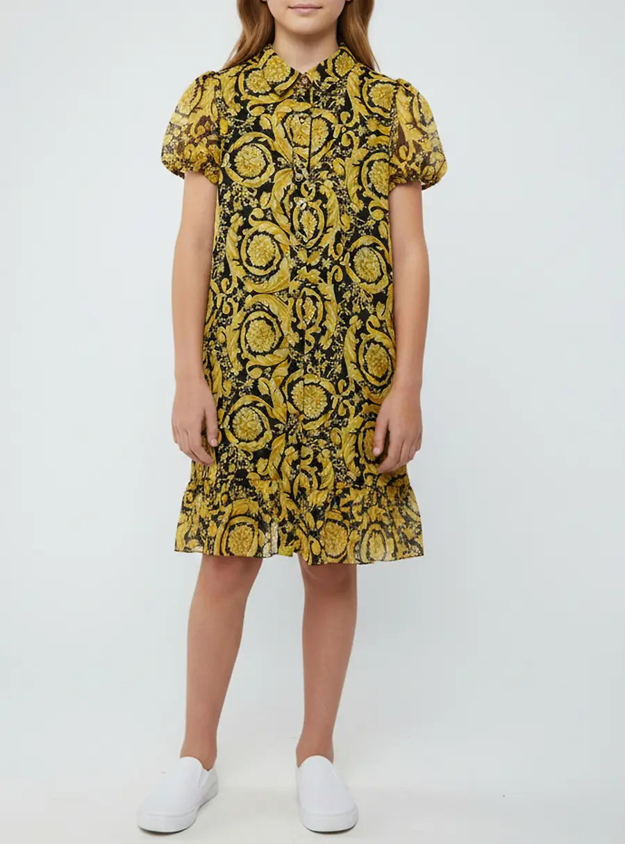 Versace Kids Yellow/Black Baroque Print Silk Shirt Dress Size 10 Yrs