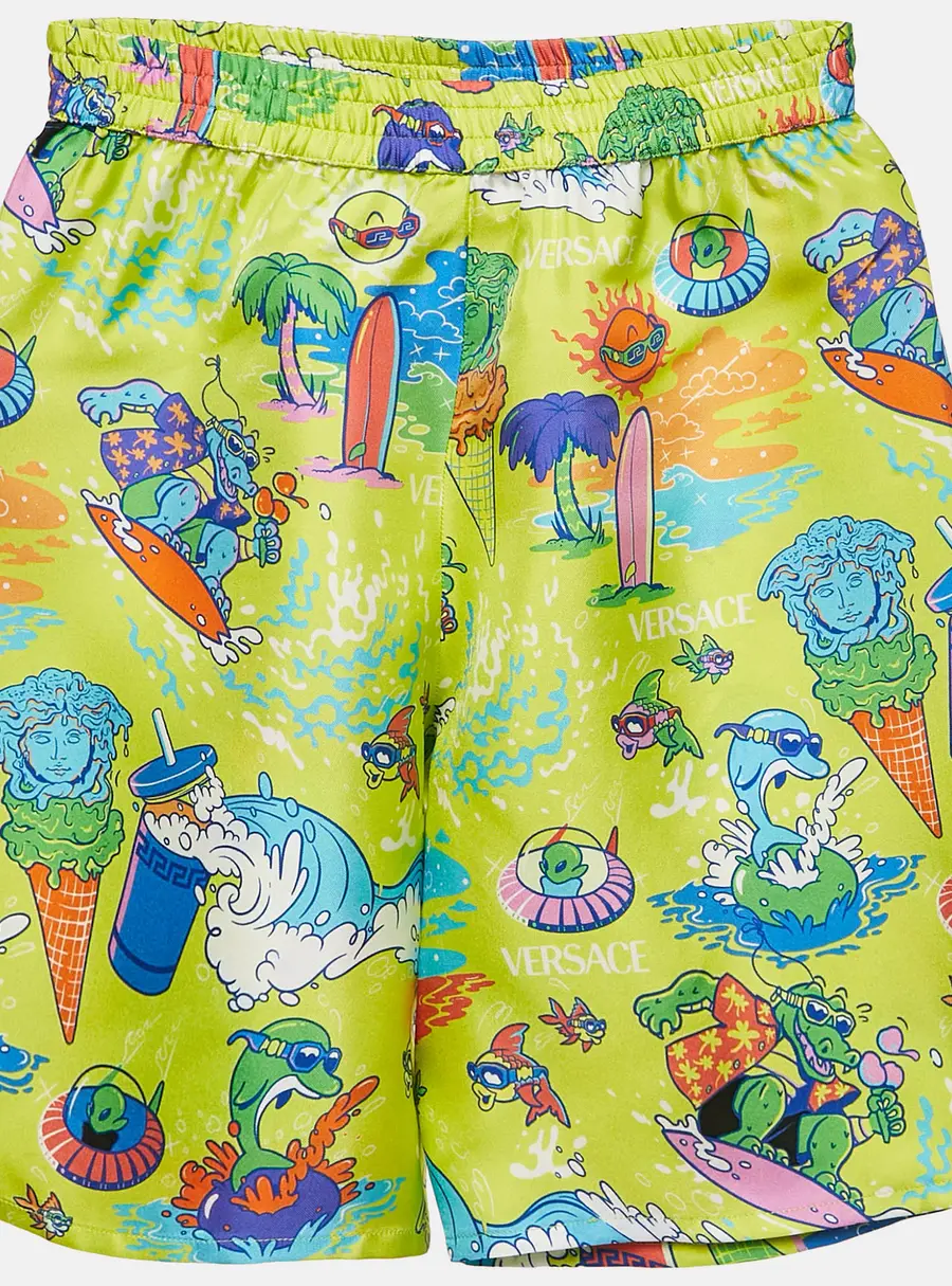 Versace Kids Green Medusa Sunnies Print Silk Shorts 10 Yrs