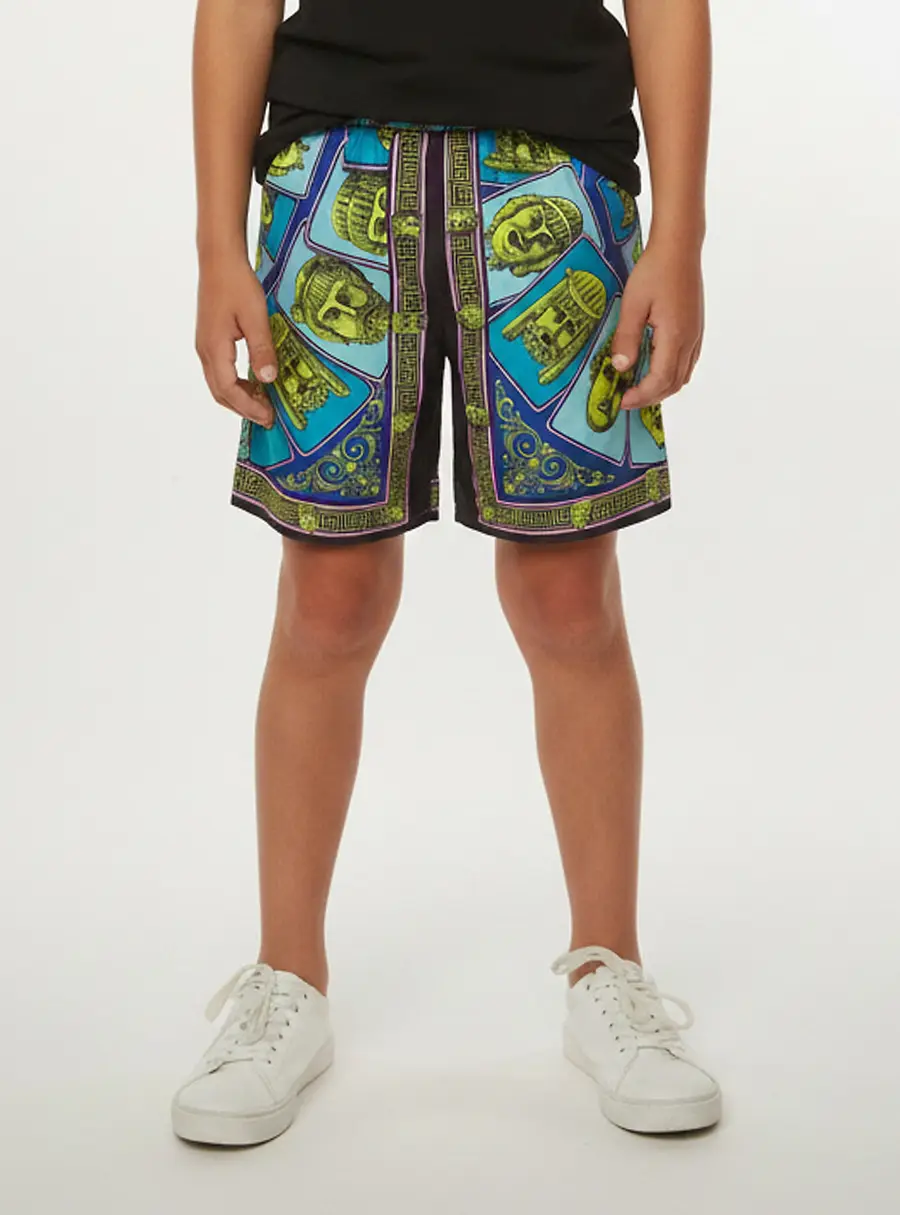 Versace Kids Blue Le Maschere Print Silk Satin Shorts 6 Yrs
