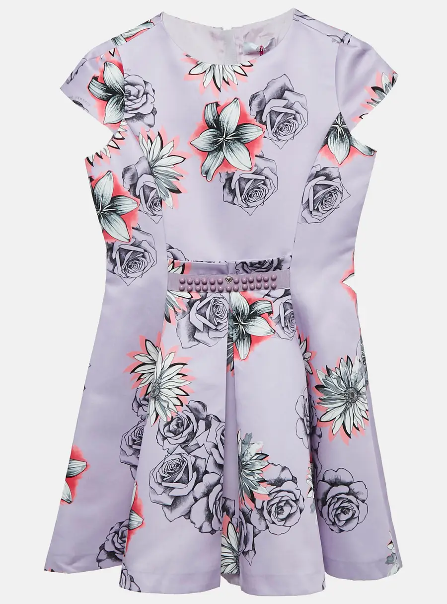 Versace Young Lilac Purple Floral Print Gabardine Pleated Party Dress M