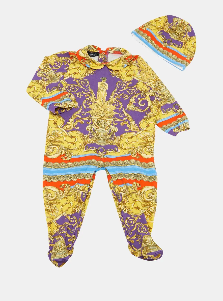 Versace Baby Yellow/Purple Barocco Print Jersey Babygrow Set 12/18M