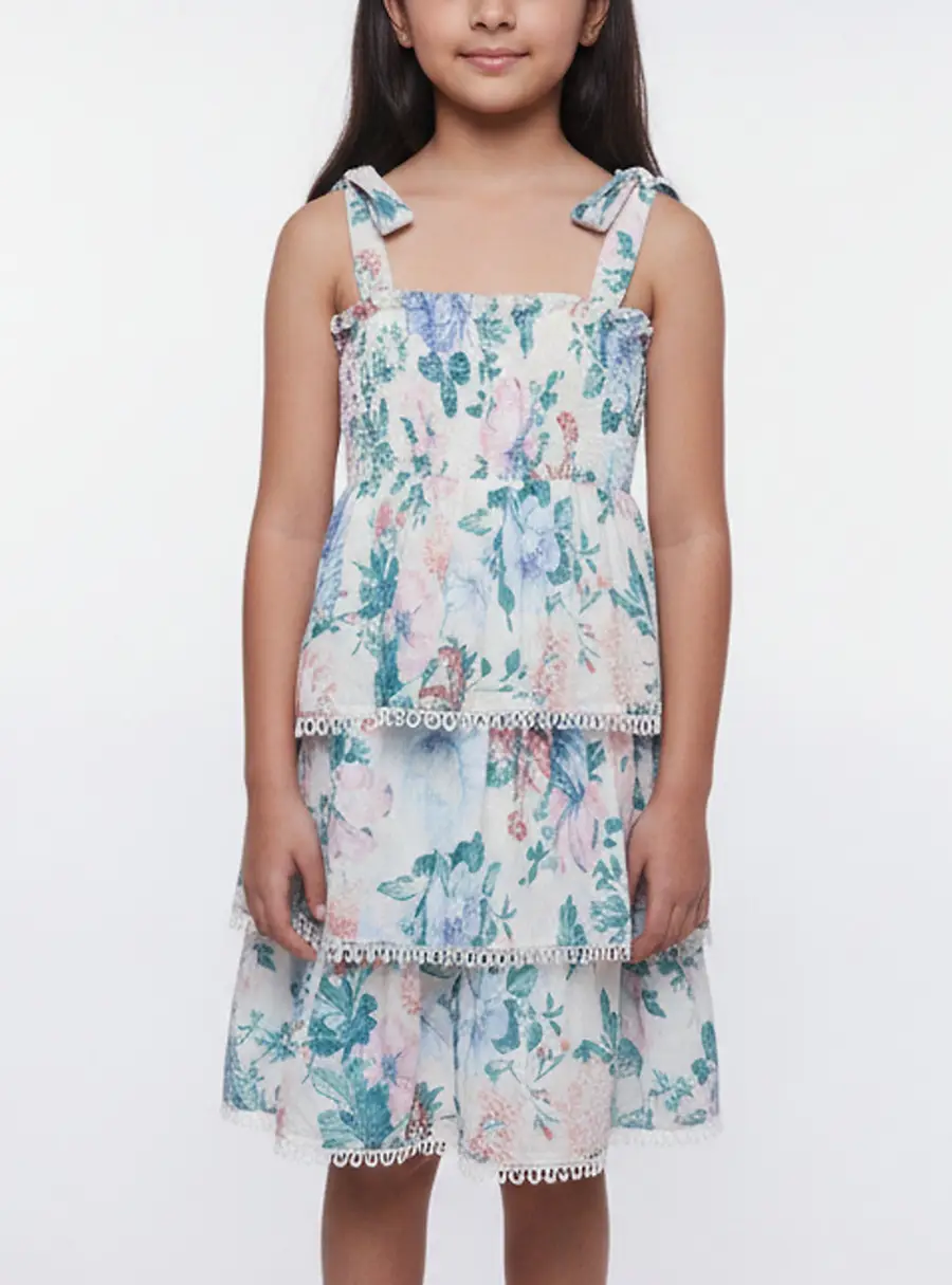 Zimmermann Kids Cream Floral Print Smocked Tiered Dress 8 Yrs