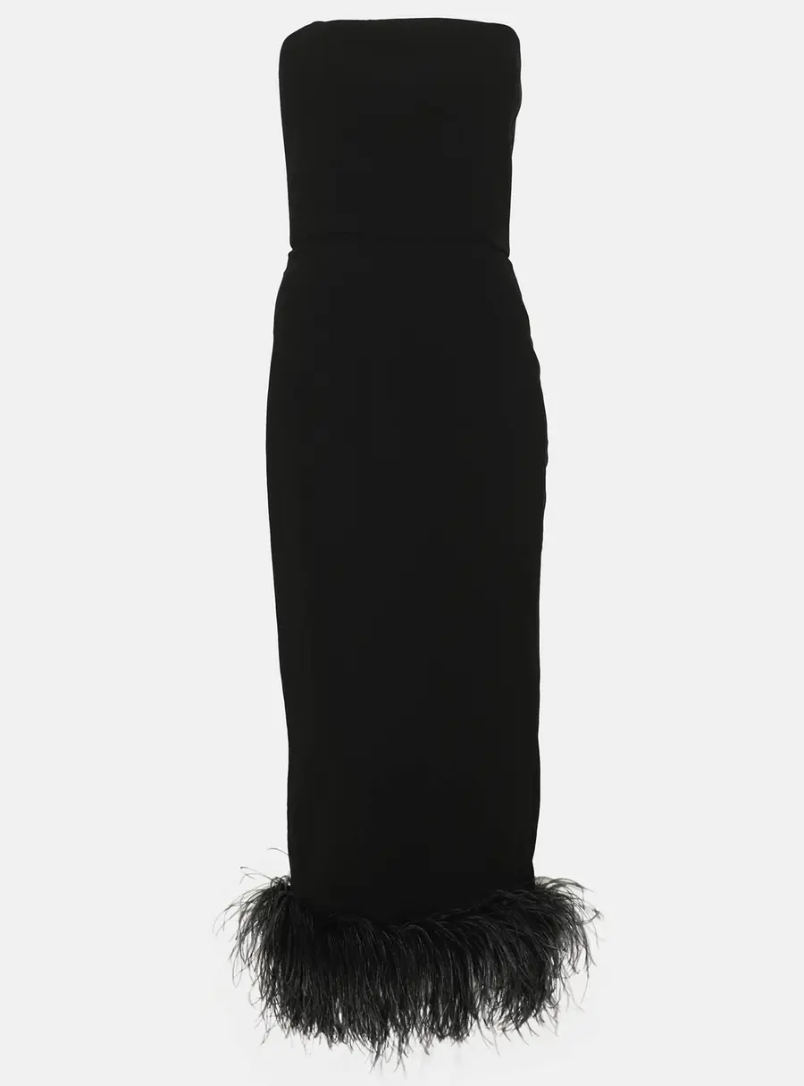 16Arlington Black Crepe and Ostrich Feather Tube Midi Dress S