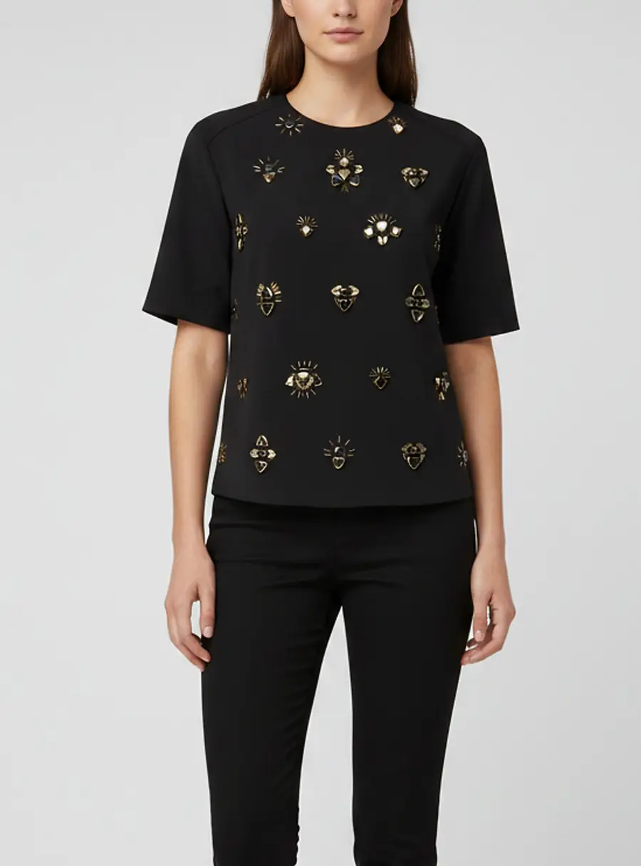 3.1 Phillip Lim Black Stretch Crepe Embellished Short Sleeve Top S
