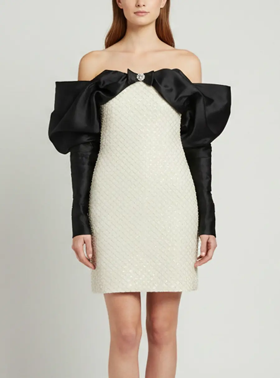 Nafsika Skourti Black/Light Beige Satin and Knit Crystal Embellished Opera Off The Shoulder Mini Dress