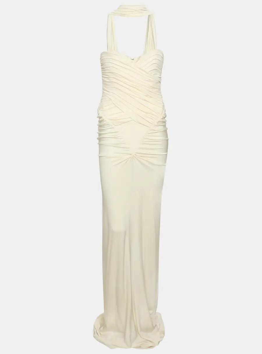 THE NEW ARRIVALS ILKYAZ OZEL Cream Jersey Samsara Ruched Halter Neck Bodycon Dress S
