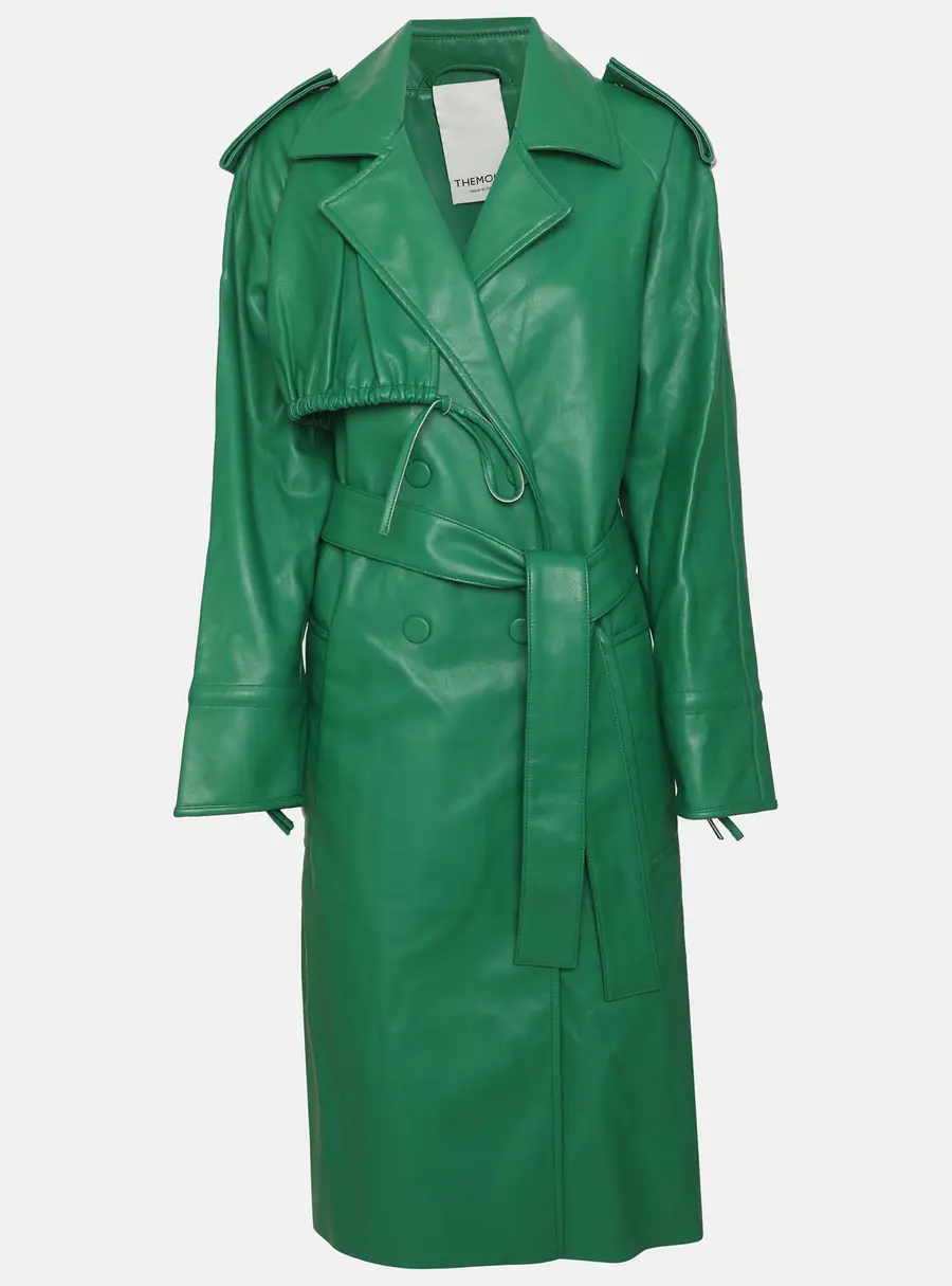 Themoire Green Faux Leather Belted Trench Coat S