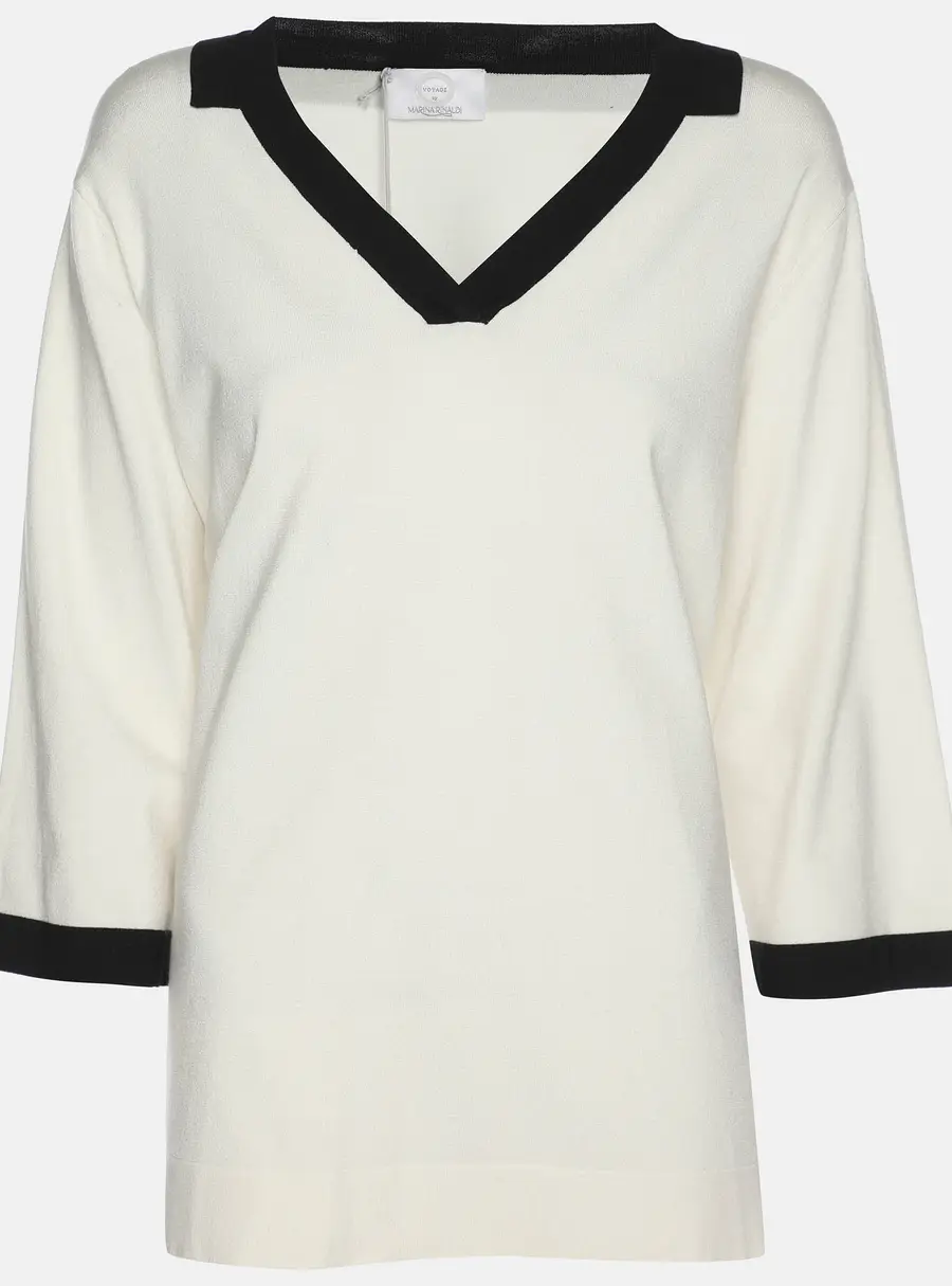 Marina Rinaldi Cream Jersey Contrast Trim V Neck Sweater L
