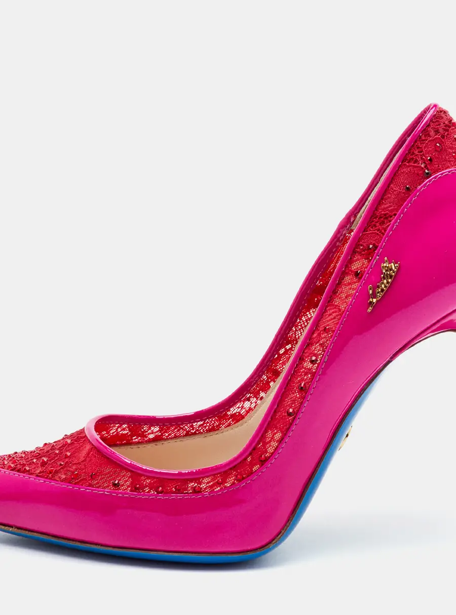 Loriblu Size 35 Bright Pink Lace and Patent Leather Pointed Toe Pumps