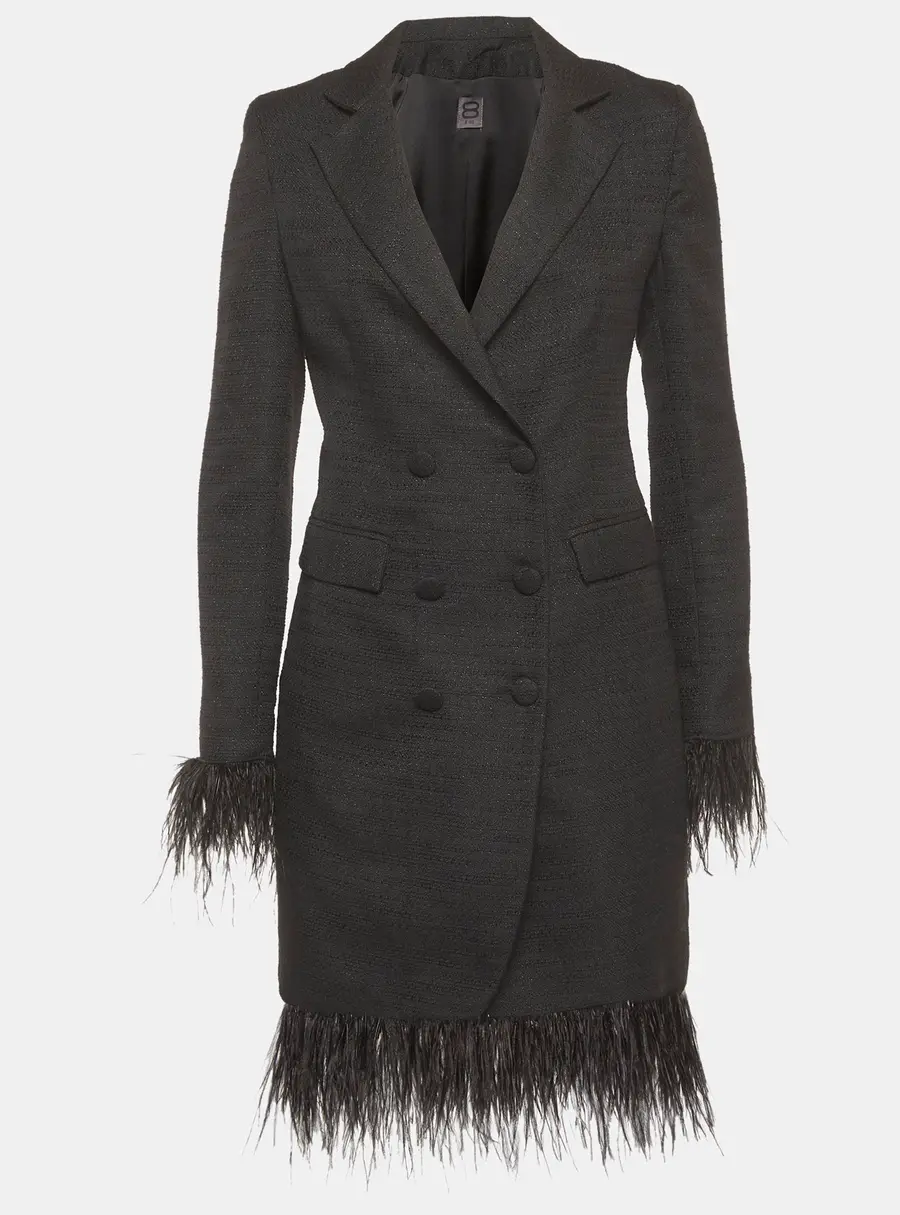 8 by Yoox Black Tweed Feather Trim Blazer and Mini Skirt Suit S