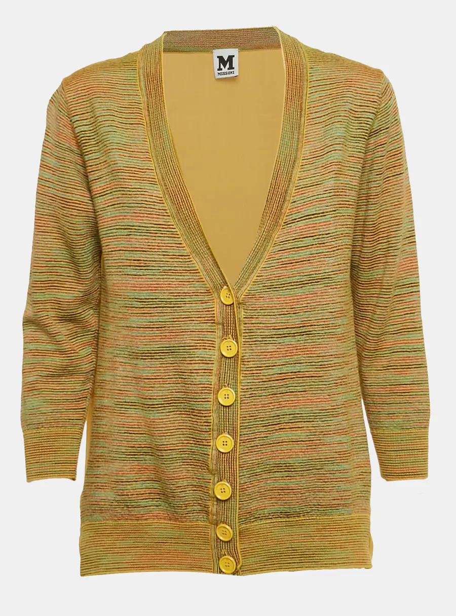 M Missoni Yellow Stripe Knit and Silk Buttoned Cardigan M