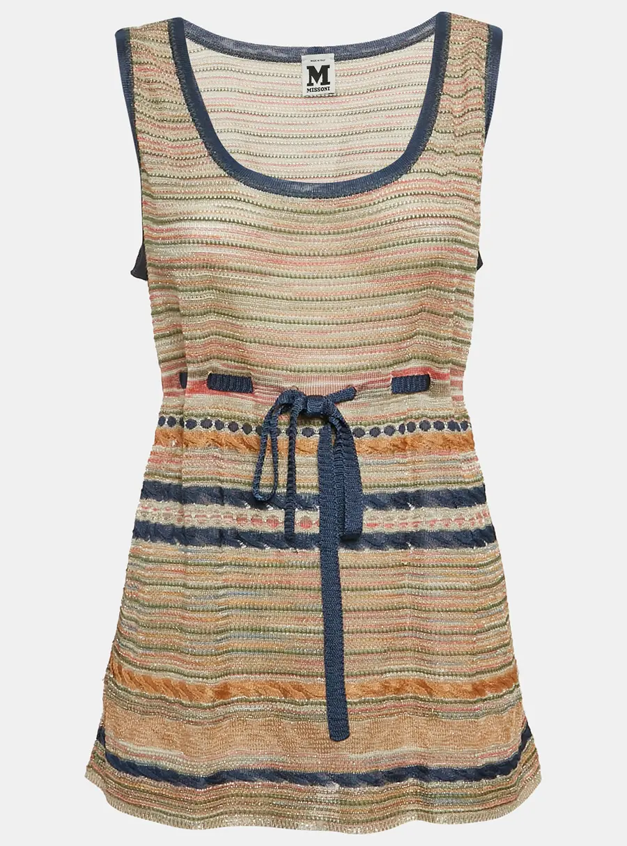M Missoni Multicolor Lurex Knit Sleeveless Tie-Up Waist Detail Top L