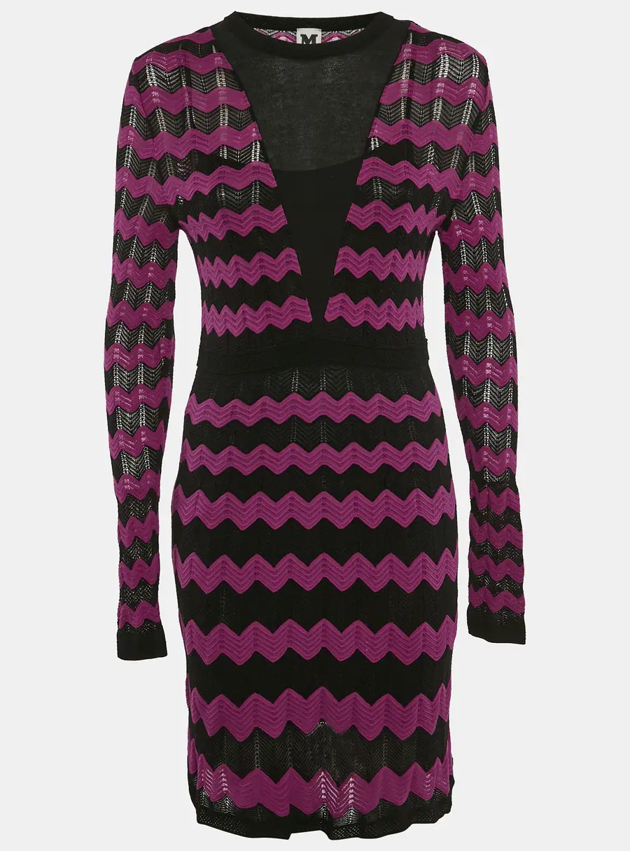 M Missoni Pink/Black Chevron Pattern Knit Long Sleeve Dress M