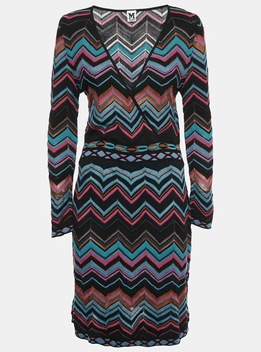 M Missoni  Multicolor Chevron Pattern Knit V-Neck Short Dress L