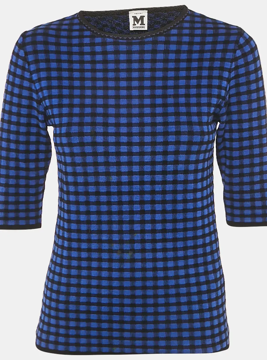 M Missoni Blue Checks Stretch Knit Round Neck Top M