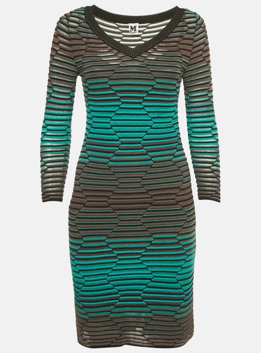 M Missoni Blue/Grey Textured Knit V-Neck Mini Dress M