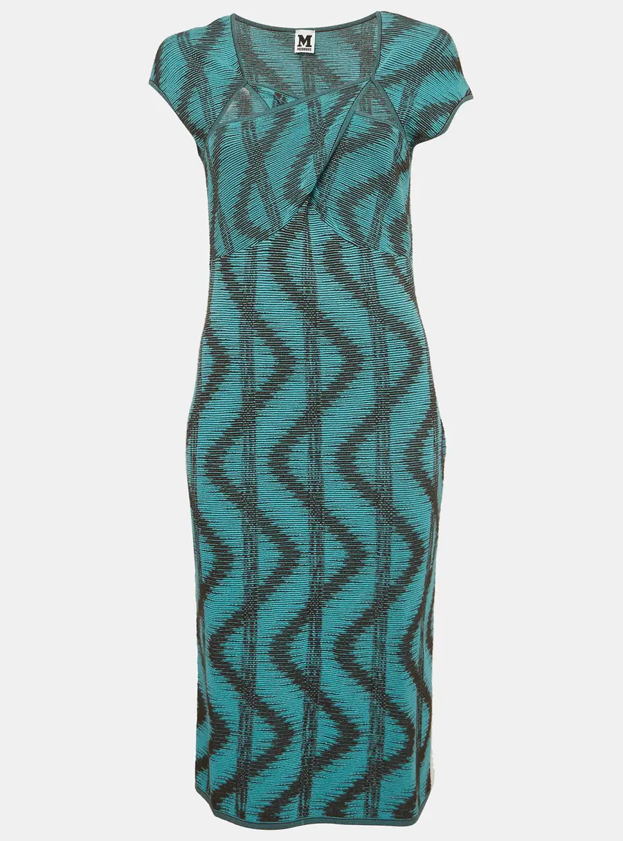 M Missoni Blue Zig Zag Lurex Knit Midi Dress L