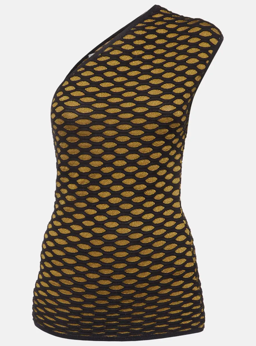 M Missoni Gold/Navy Blue Textured Jacquard Knit One Shoulder Top M