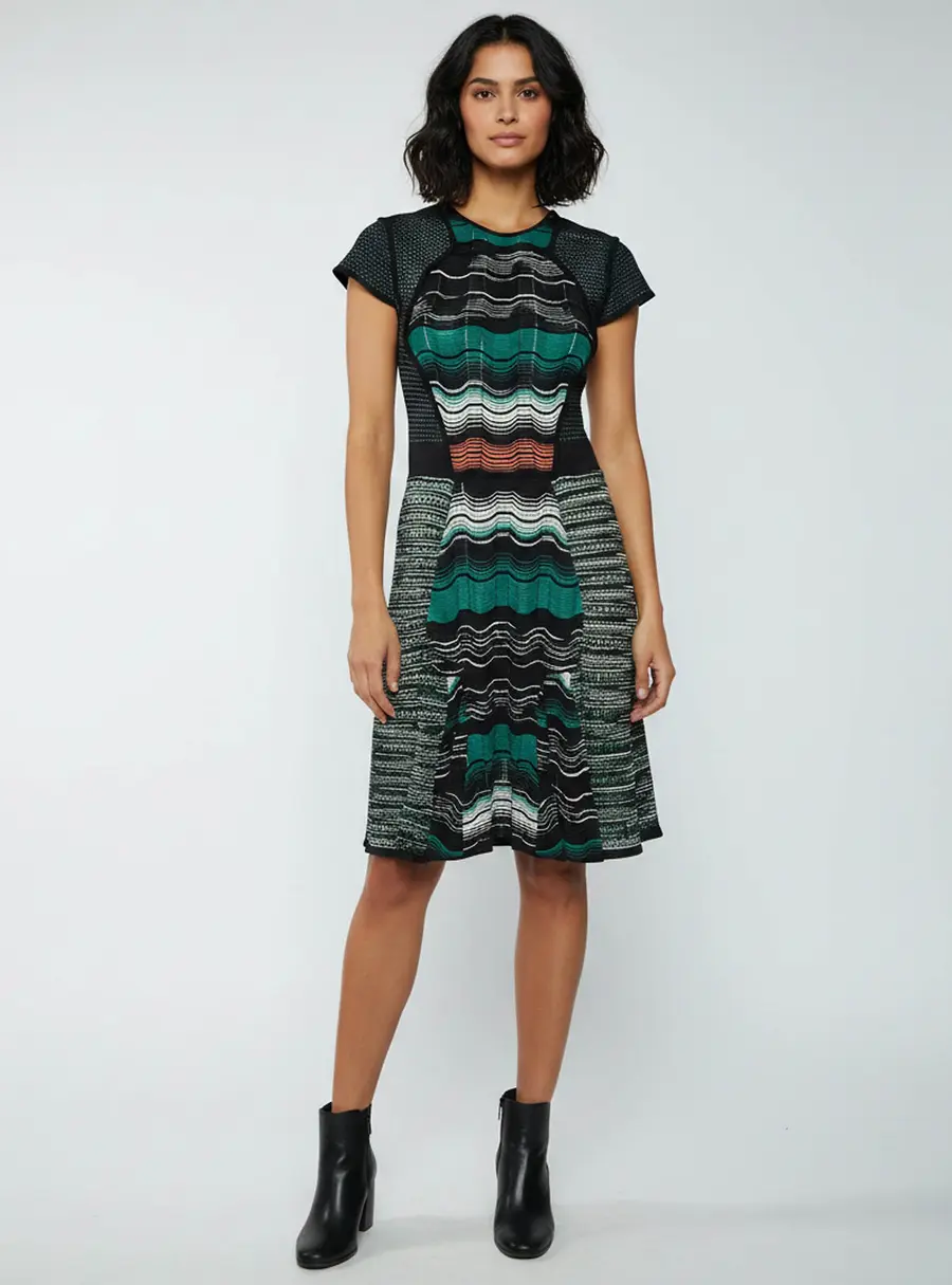 M Missoni Black/Green Zig Zag Knit Knee Length Dress M