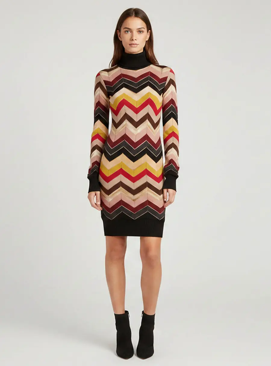 Missoni Multicolor Chevron Pointelle Knit Turtleneck Dress XS