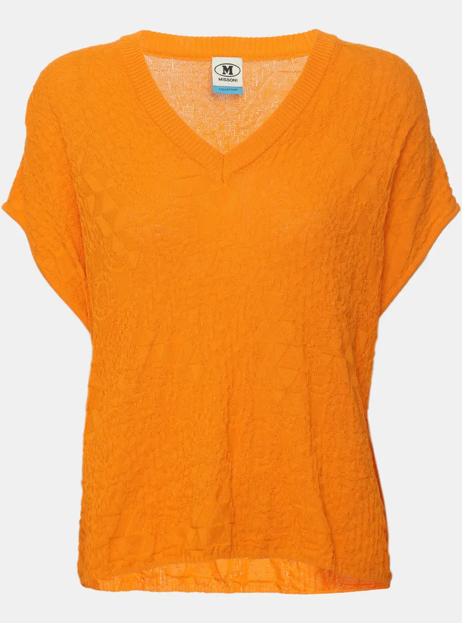Missoni Orange Cotton Knit Jacquard Sleeveless V Neck Top S