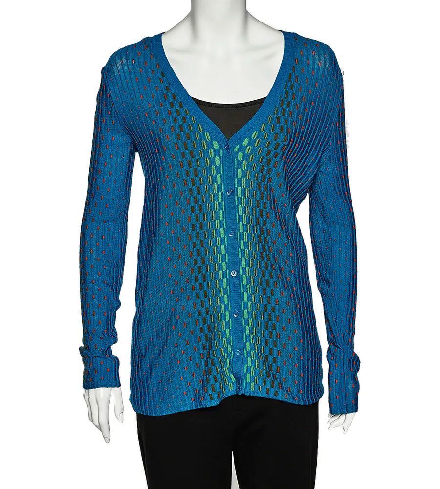 M Missoni Blue Patterned Dobby Knit Button Front Cardigan M