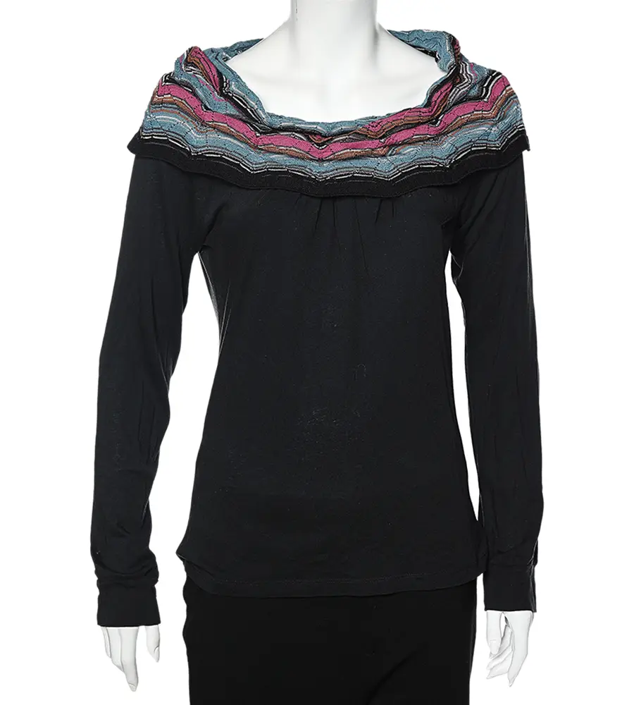 M Missoni Black Cotton Knit Contrast Overlay Detail T-Shirt S