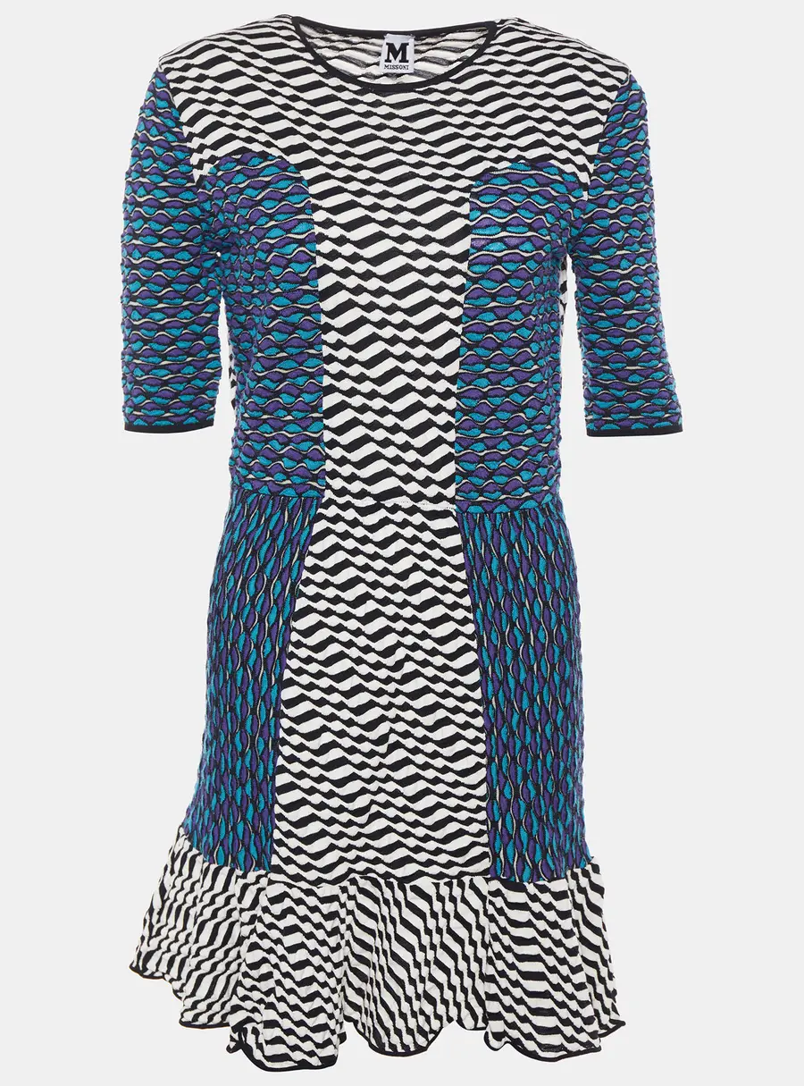 M Missoni Multicolor Patterned Knit Flounce Hem Mini Dress L