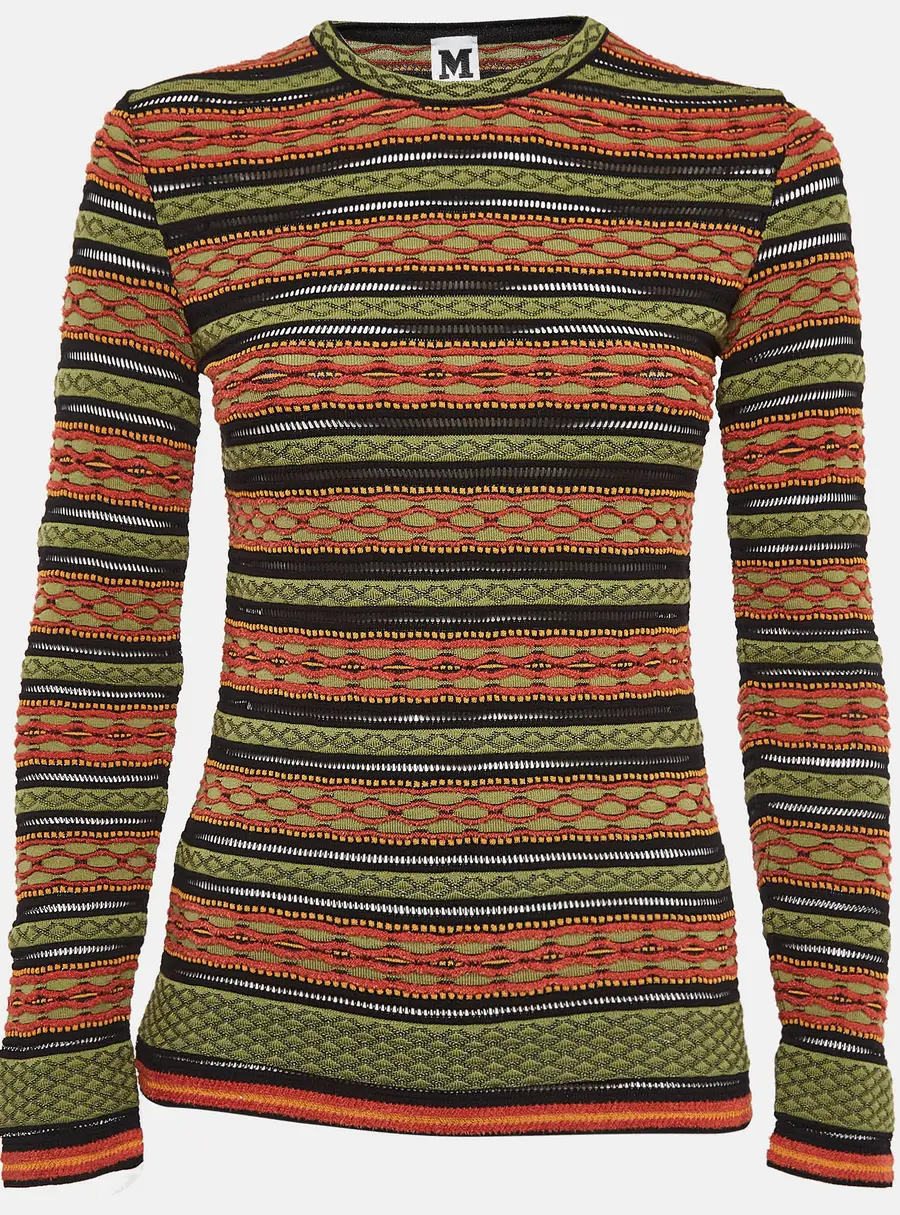 M Missoni Green/Orange Patterned Knit Long Sleeve Top S