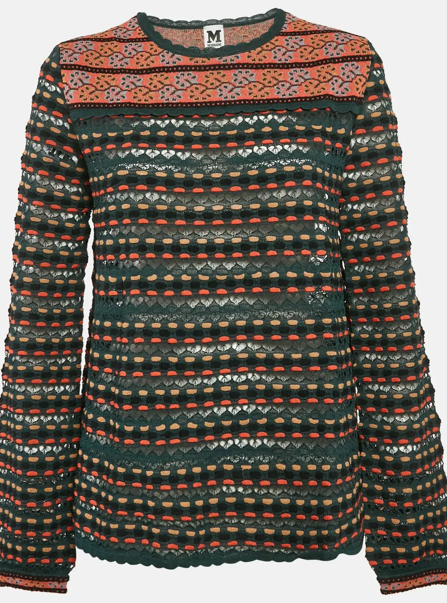M Missoni Teal Blue Pointelle Knit Long Sleeve Knit Top L