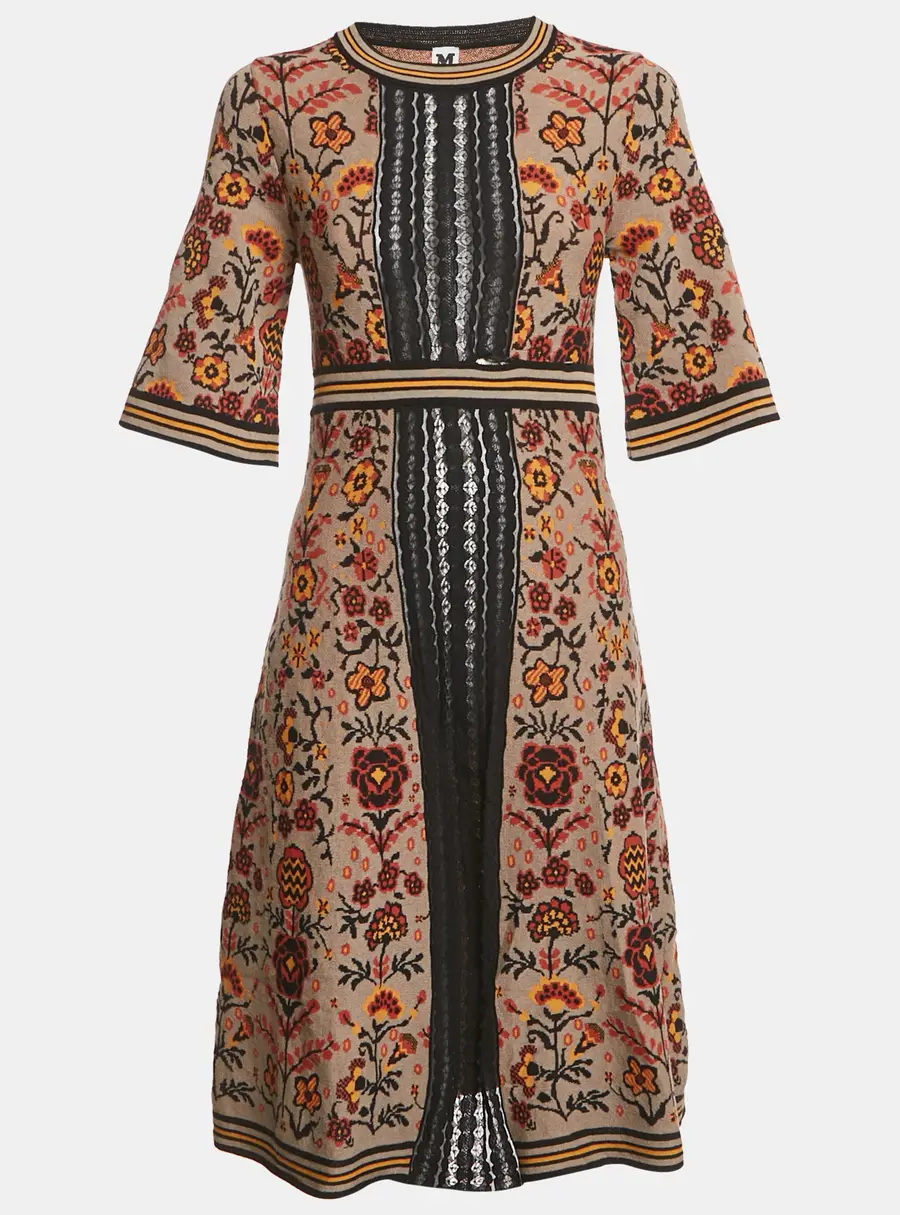 M Missoni Brown Floral Pattern Knit Lace Trim Midi Dress S