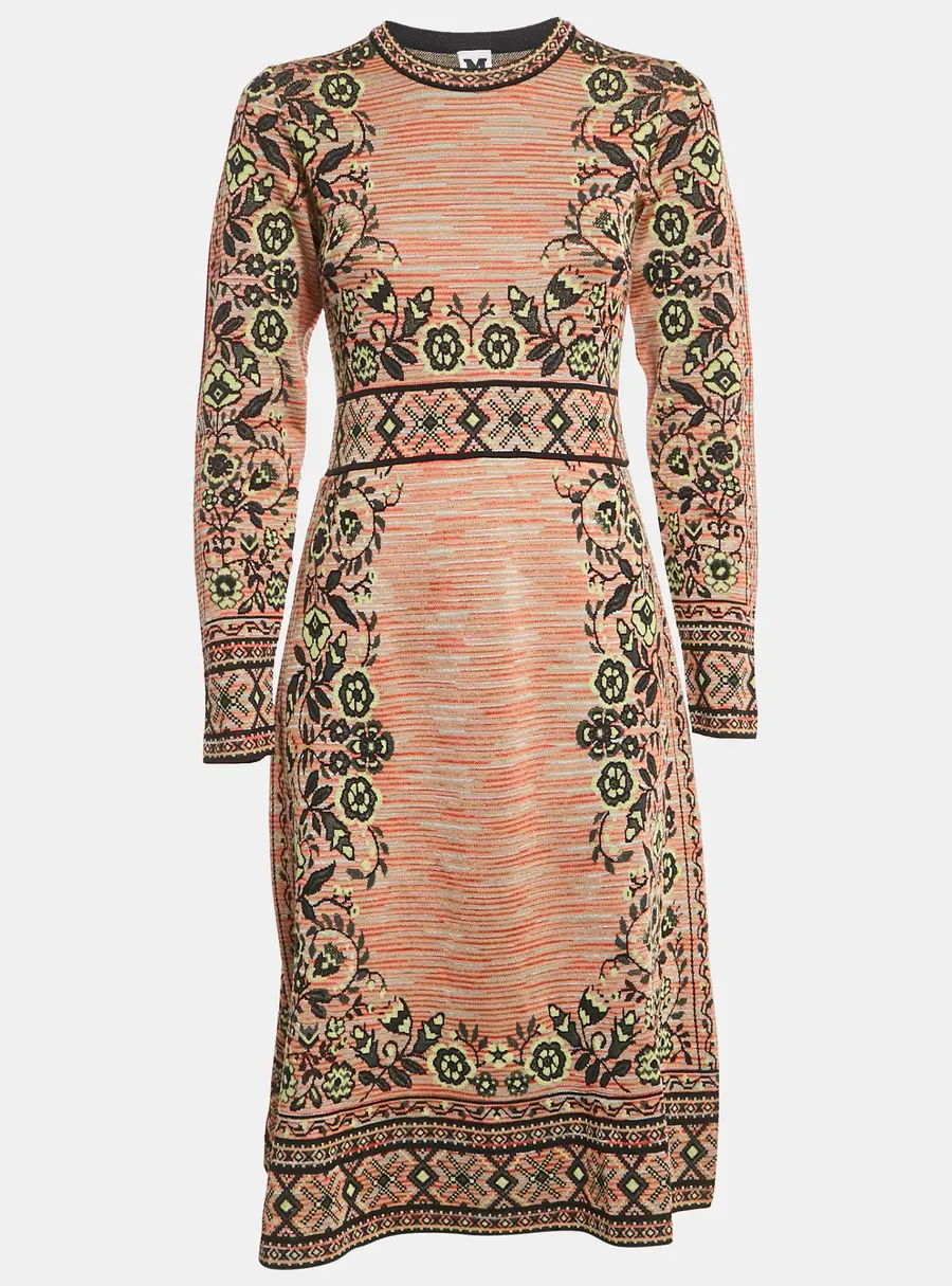 M Missoni Beige/Green Floral Pattern Knit Long Sleeve Midi Dress L