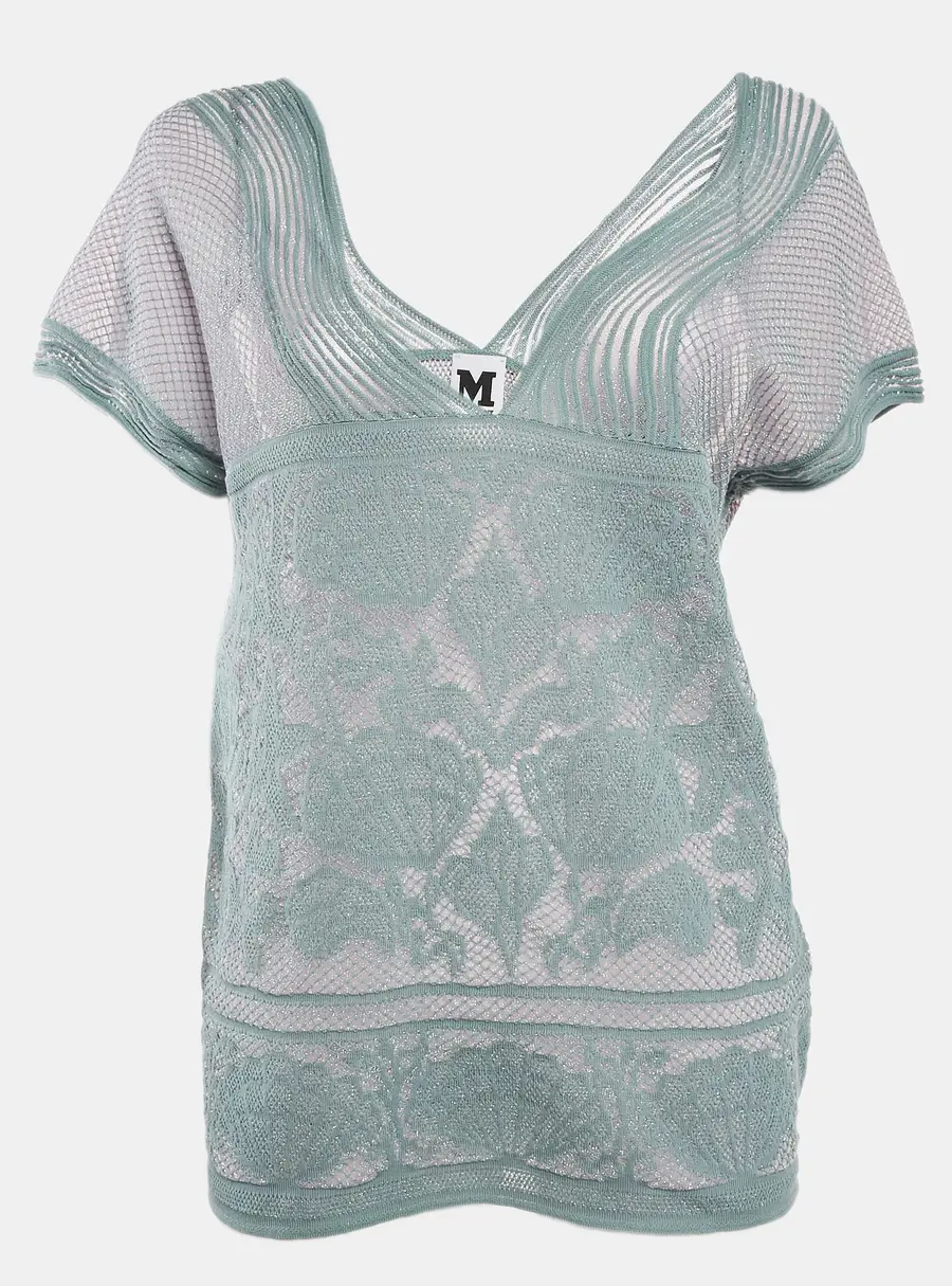 M Missoni Ice Blue Lurex Textured Knit V-Neck Top L