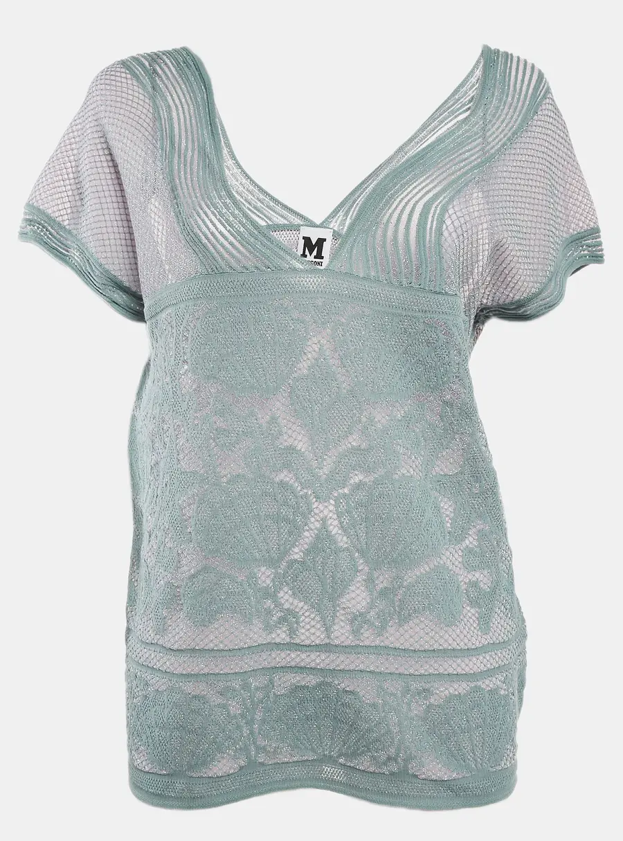M Missoni Ice Blue Lurex Textured Knit V-Neck Top L