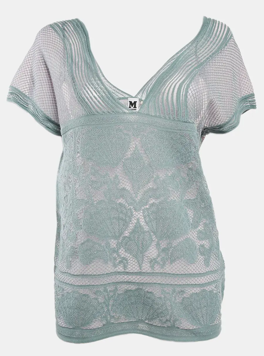 M Missoni Ice Blue Lurex Textured Knit V-Neck Top M