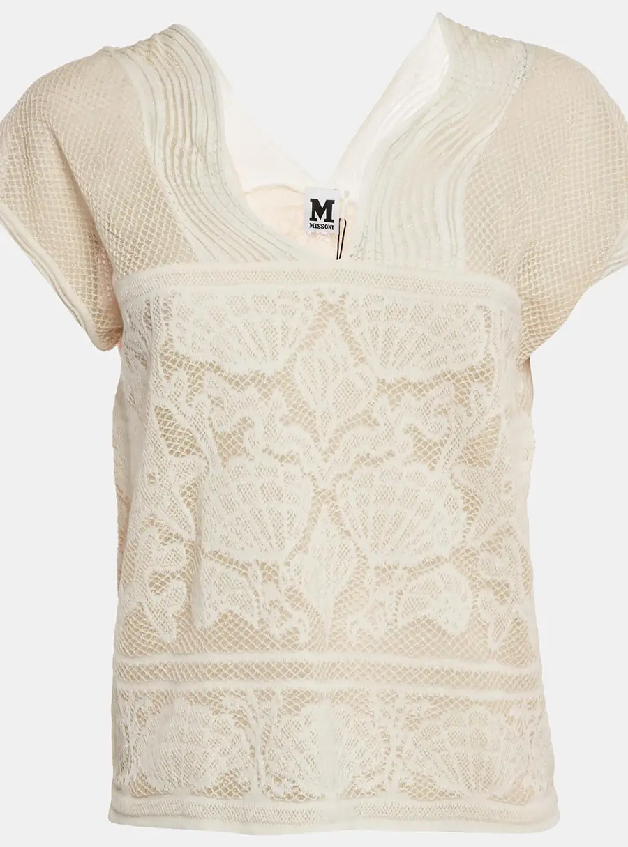 M Missoni White Seashell Pattern Lurex Knit V-Neck Top L