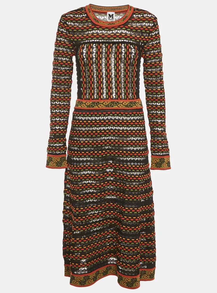 M Missoni Black/Orange Pointelle Knit Long Sleeve Midi Dress L