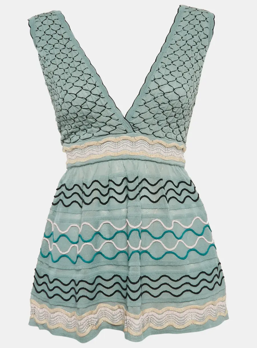 M Missoni Blue Patterned Knit V-Neck Flared Top M
