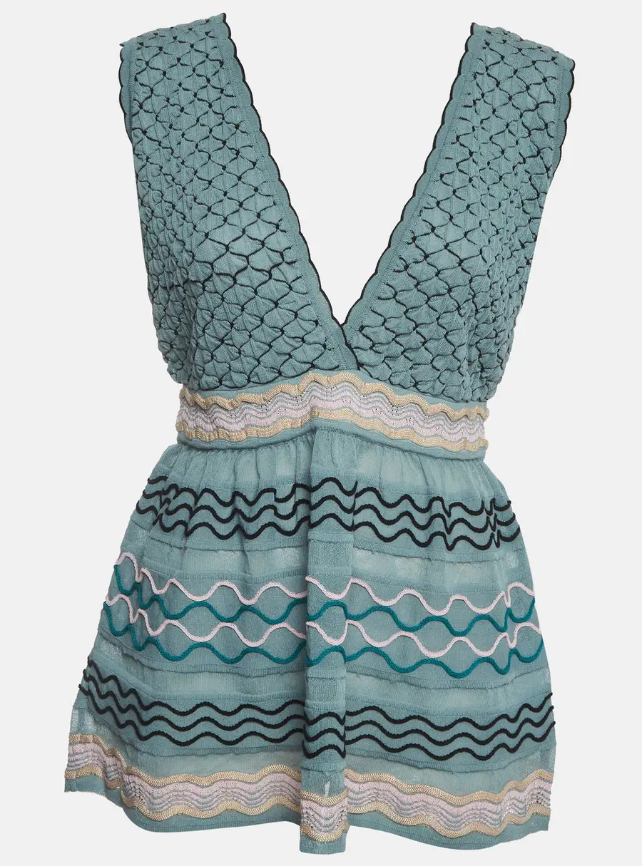 M Missoni Blue Wave Textured V-Neck Flared Knit Top XL