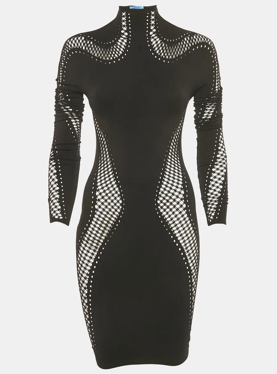 Mugler Black Nylon Knit Perforated Detail High Neck Bodycon Dress S