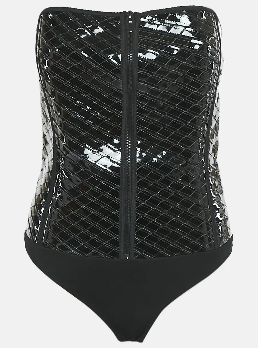 Mugler Black Nylon and Jersey Strapless Bodysuit M