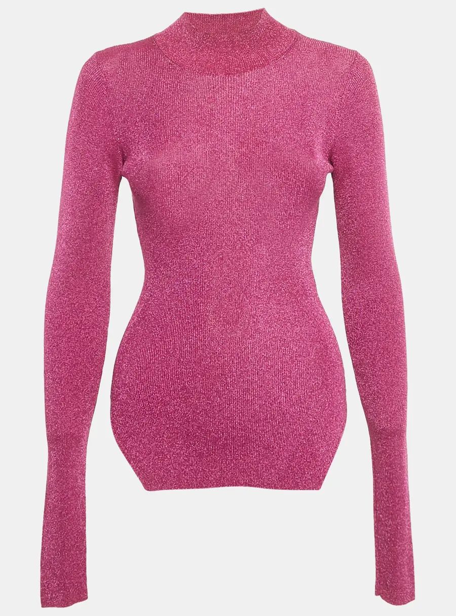 Mugler Pink Lurex Rib Knit Mock Neck Pullover S