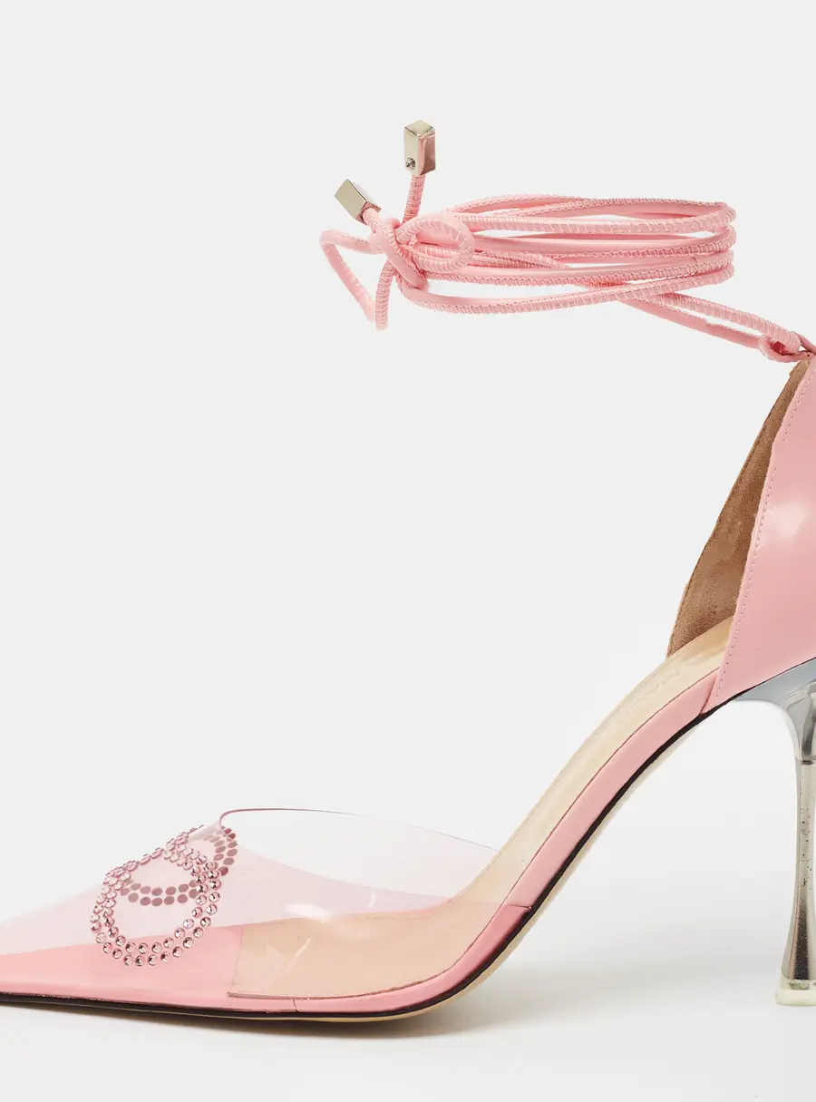 Mach & Mach Crystal Embellished Bow Size 41 Pink PVC and Leather Ankle Wrap Pumps