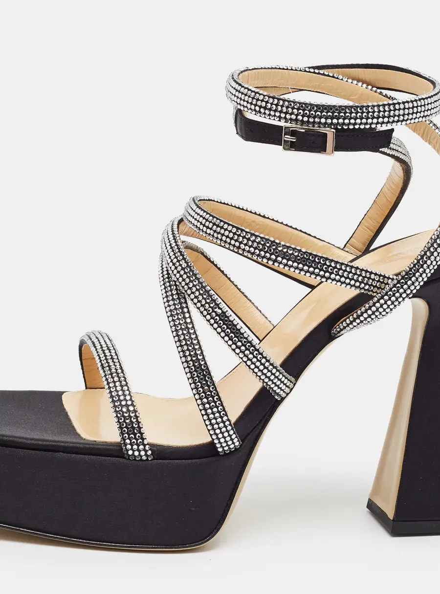 Mach & Mach Sydney Crystal Embellished Size 42 Black Satin Platform Sandals